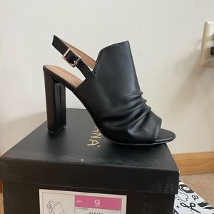 Black sling back, open toe heel